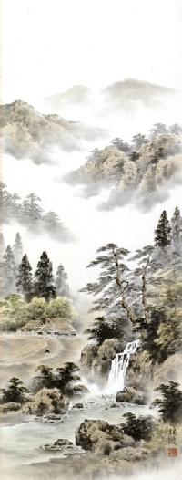 彩色山水 稲垣瑞波「尺五立」肉筆！ 山水画 - 掛け軸（掛軸）販売通販