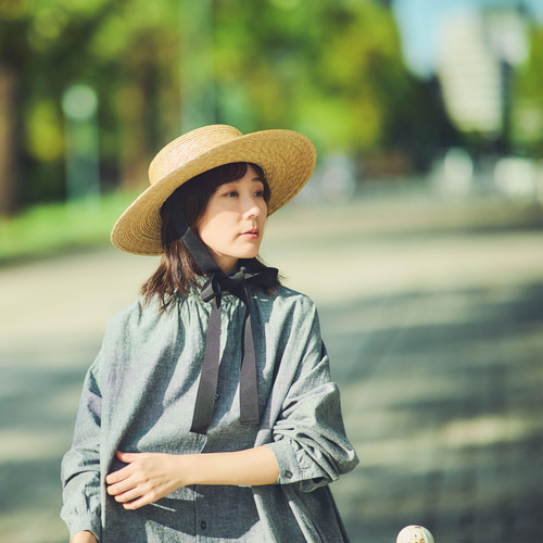 セシル Cecil つば広カンカン帽 麦わら帽子 ロングリボン ブラック