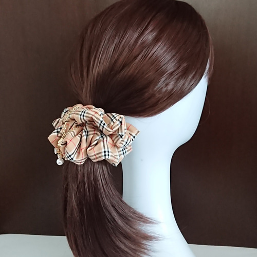 チェック柄・M】オールシーズンお薦めのチェック柄のシュシュ☆緑/紫