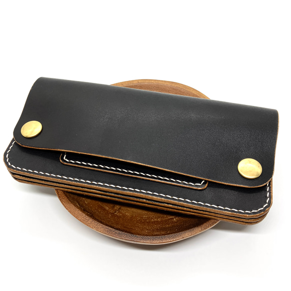 トラッカーウォレット/ロング】国産ヌメ革 茶芯 ブラック 黒 手縫い 長