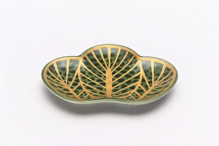 幸楽窯 錦茶緑金松葉形銘々皿