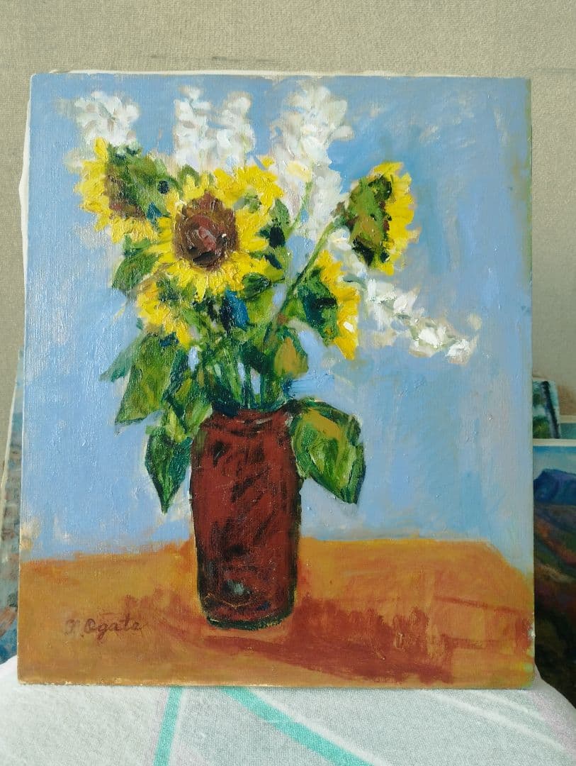 ※油絵・画家・尾形民子「ひまわりと白い花の油彩画」※新品 楽天市場】手描き 油絵 額入り油彩画 向日葵 F4サイズ ひまわり