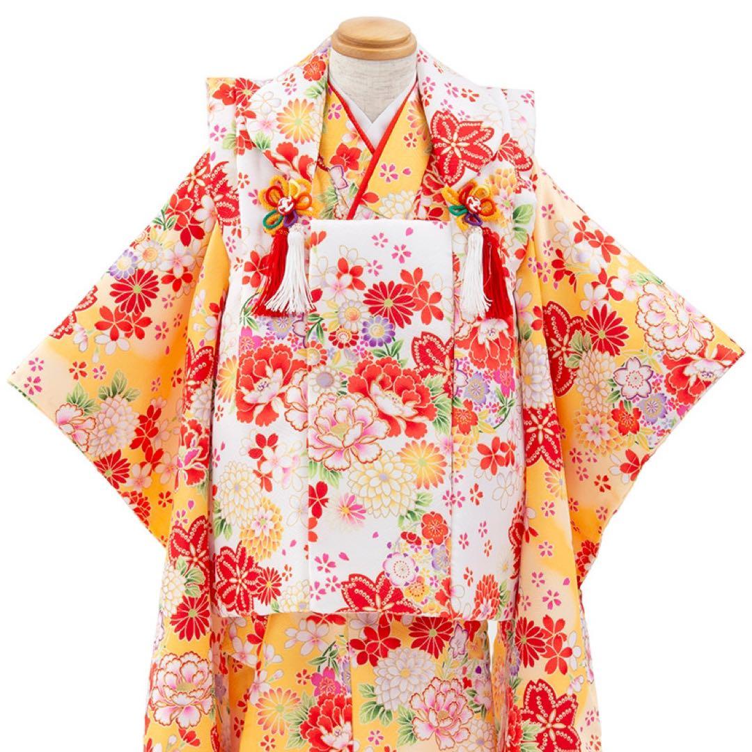 ひな祭り　七五三　3才　女の子 被布セット 黄/白 芍薬と菊 3才 七五三 着物レンタル 3歳 753 コハク ブランド着物 女の子 フルセット