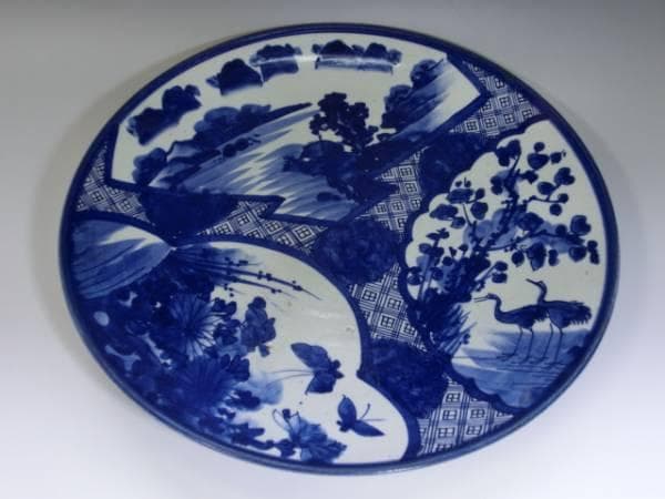 大皿■ベロ藍(江戸後期~明治期)古い染付 鶴 花蝶紋 花唐草 直し有り 時代物 大皿□ベロ藍(江戸後期~明治期)古い染付 鶴 花蝶紋 花唐草 直し有り