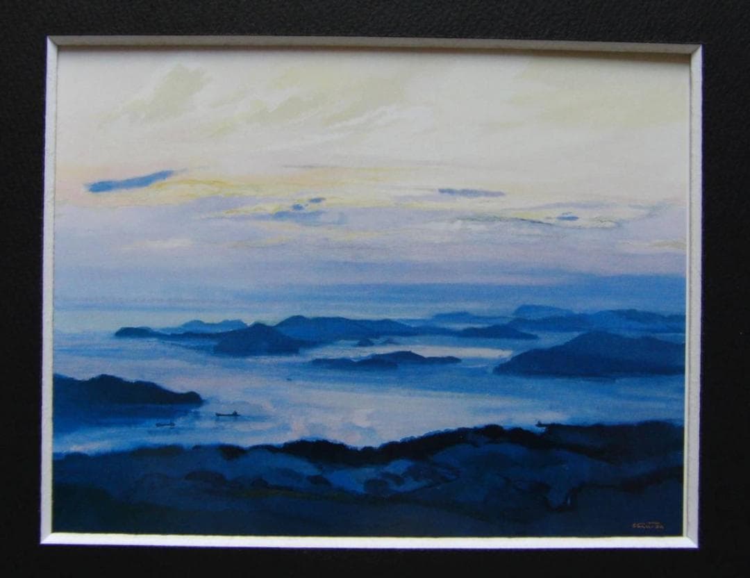 山羽 斌士、「島影朝彩（瀬戸内）」、希少画集・額装画 楽天市場】瀬良風香 肉筆油彩画『爽風上高地』小 名画 絵画 額装
