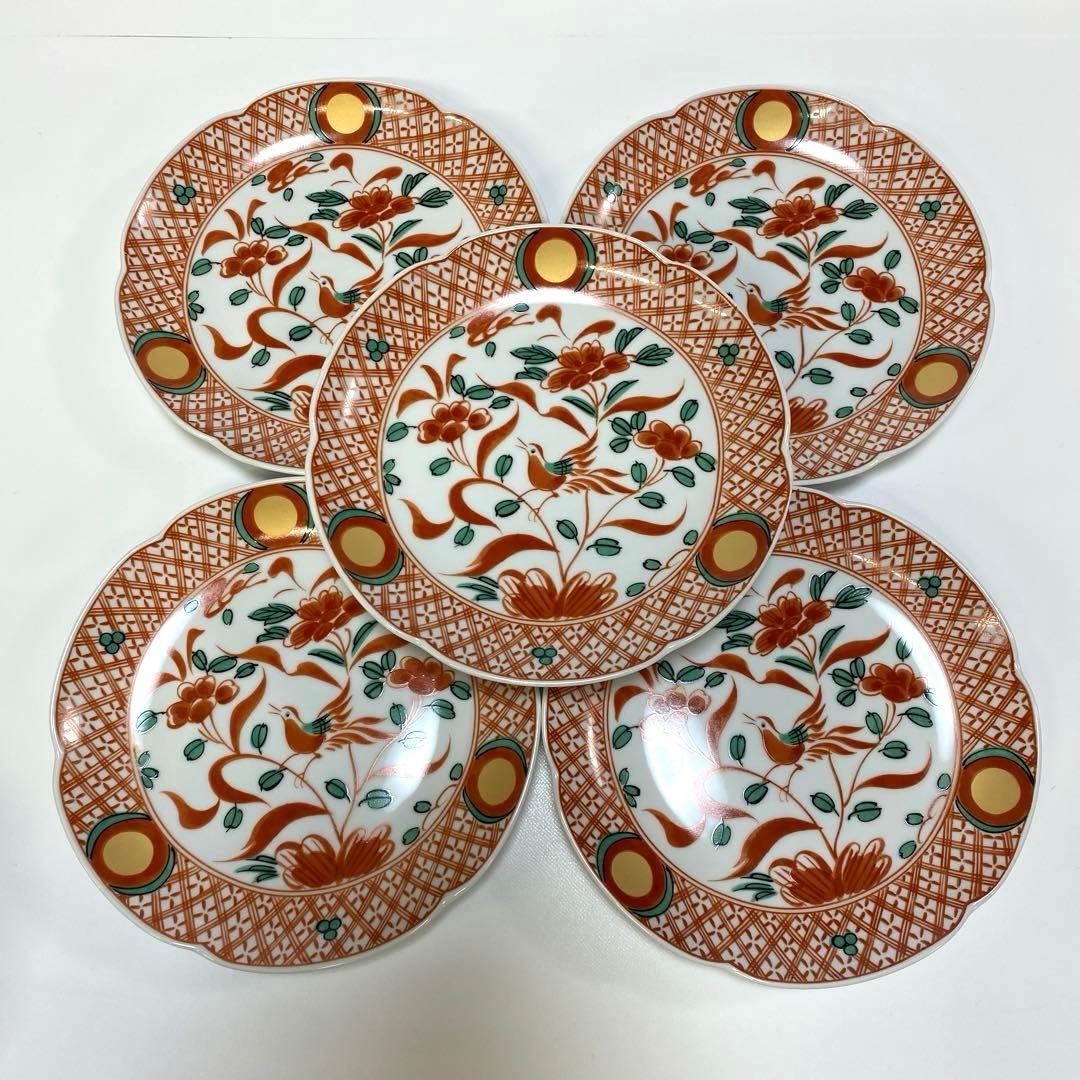 たち吉　花鳥　呉須　赤絵　金彩　丸　中皿　5枚セット　丸紋 初節句　【希少品】 新品 平安橘吉 たち吉 呉須赤絵 花鳥絵図 金彩丸紋 輪花中皿 和皿 銘々