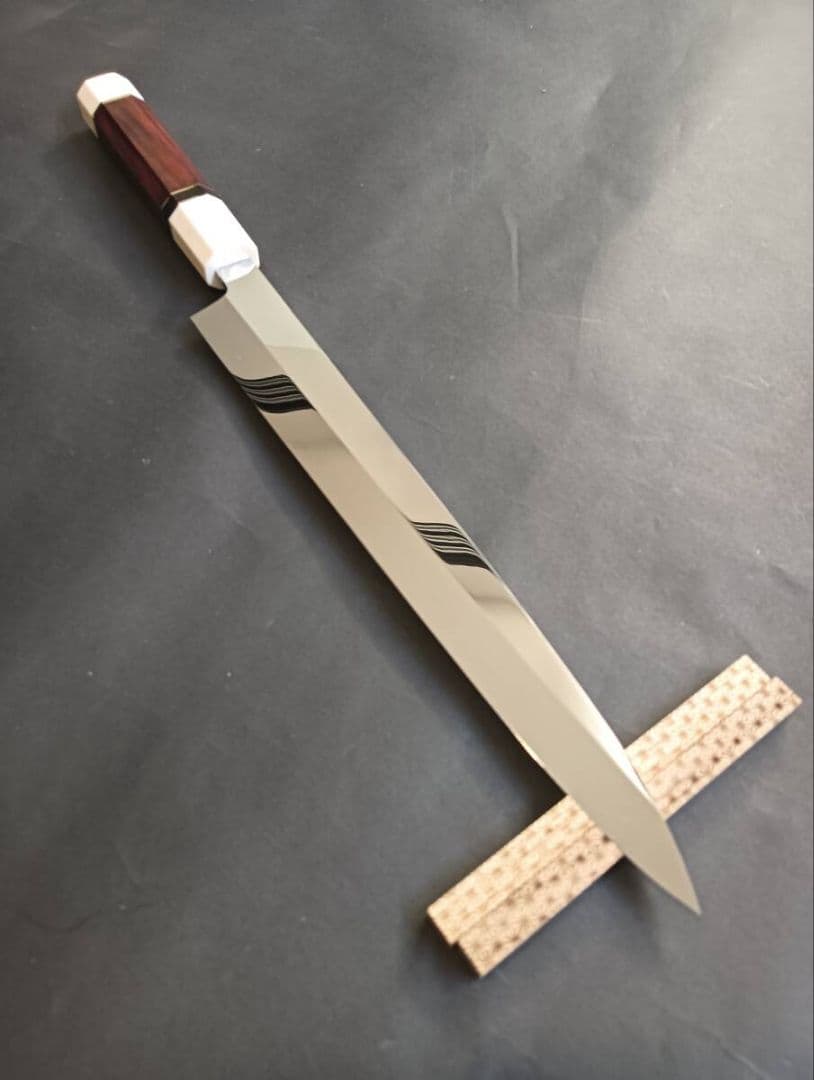超ウルトラ鏡面仕上V金10号本焼柳刃包丁270mm デュポンコーリアン八角柄 剣型 切付柳刃 V金10号 390mm 全鋼本焼 鏡面仕上げ 中川悟志作-歌舞伎