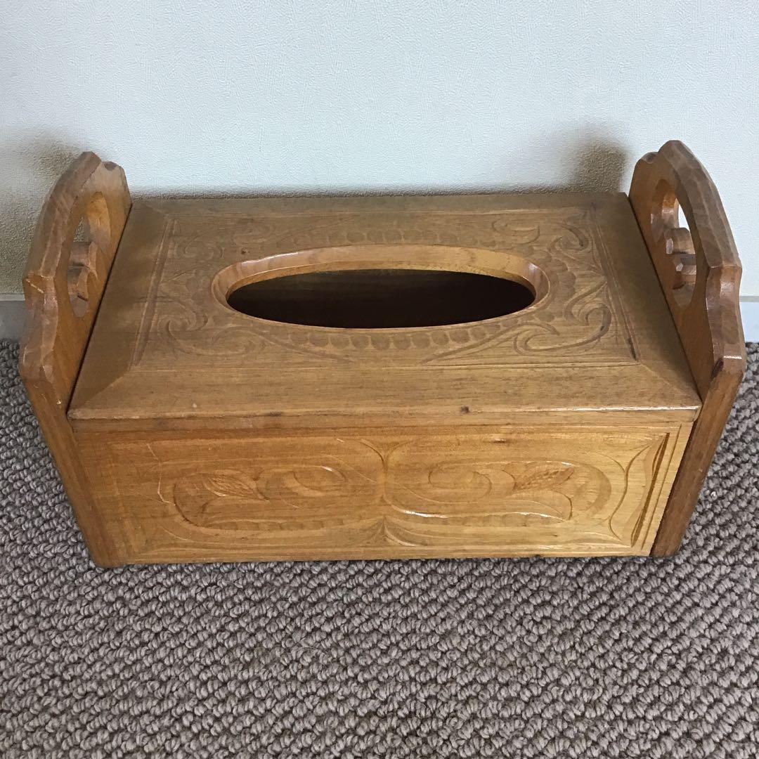 美品☆アイヌ工芸　木彫　アンティーク　アイヌ紋様 ティッシュボックス アイヌのくらし ポケット ティッシュケース アイヌ文様 アイヌ紋様